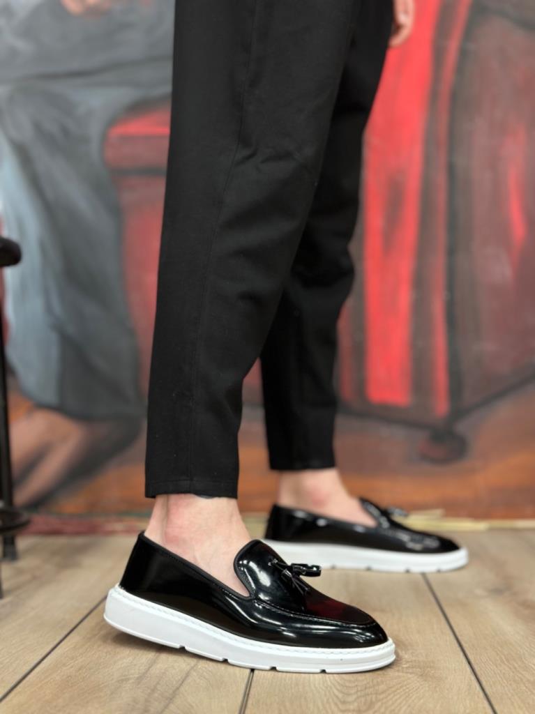 BA0005 Laceless High Platform Black White Sole Patent Classic Tasselled Loafer Men's Shoes