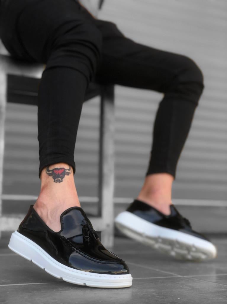 BA0005 Laceless High Platform Black White Sole Patent Classic Tasselled Loafer Men's Shoes