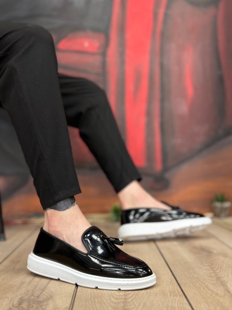 BA0005 Laceless High Platform Black White Sole Patent Classic Tasselled Loafer Men's Shoes