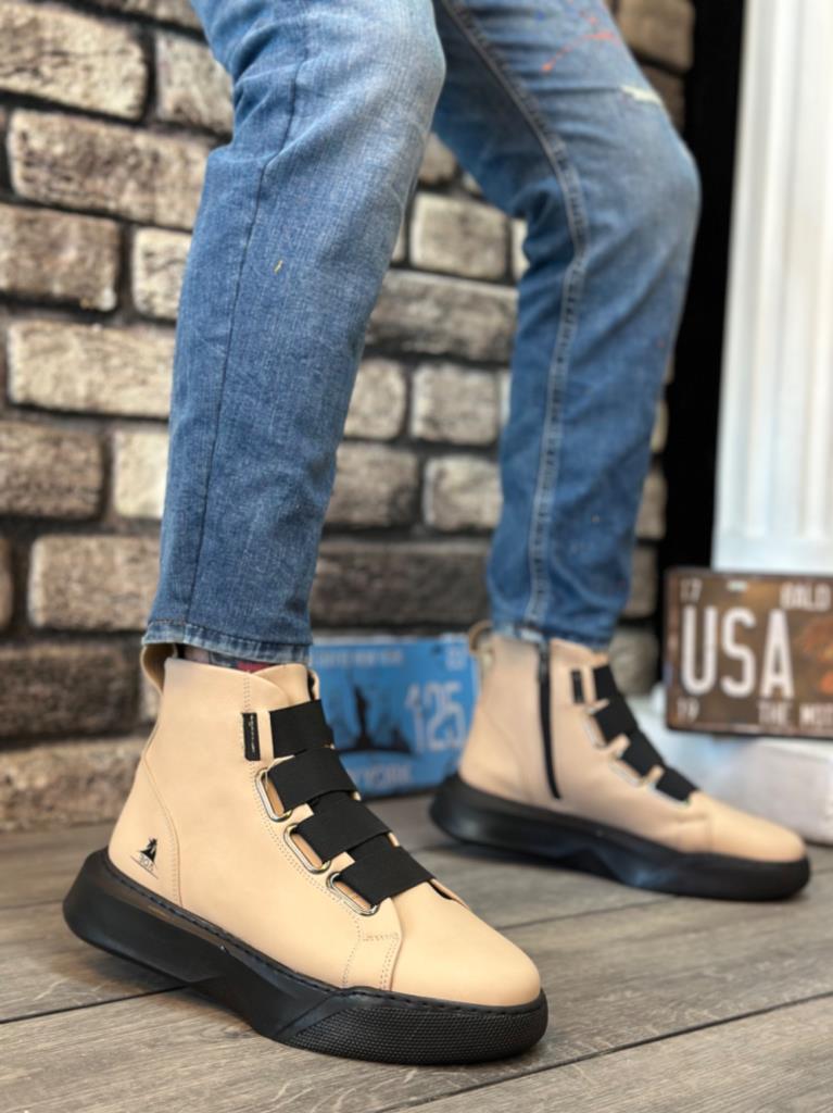 BA0142 Men's High Platform Cream Sports Shoes with Straps