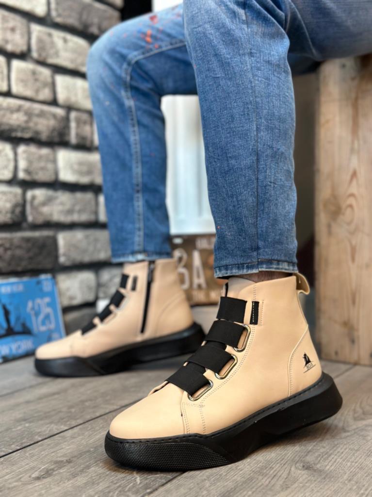 BA0142 Men's High Platform Cream Sports Shoes with Straps