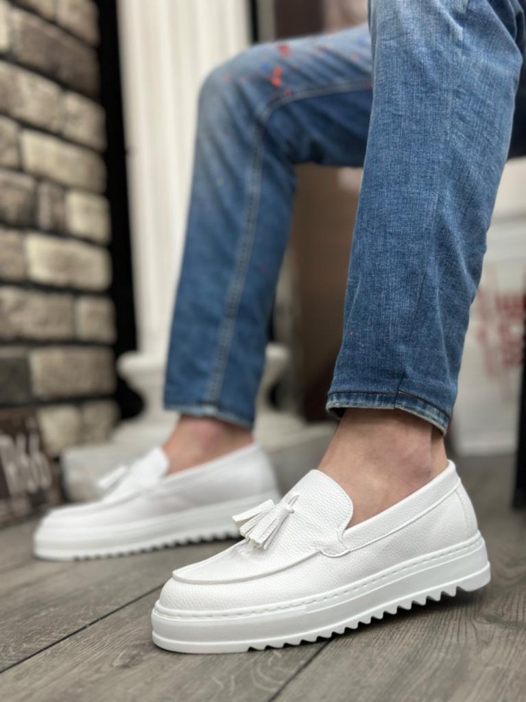 BA0154 Lace-up High Sole Leather White Tassel Men's Shoes