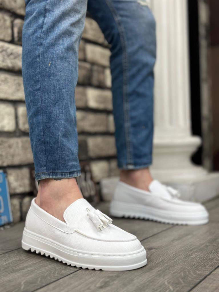 BA0154 Lace-up High Sole Leather White Tassel Men's Shoes