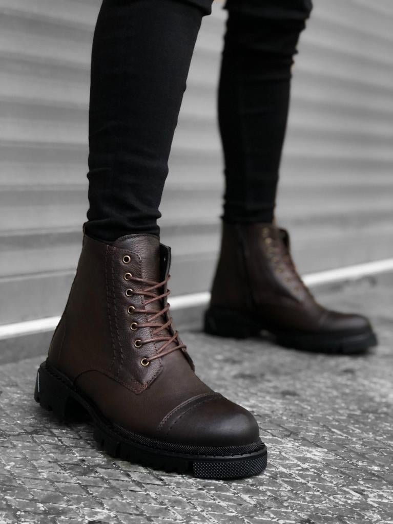 BA0187 Genuine Leather Brown Men's Zippered Half Boot