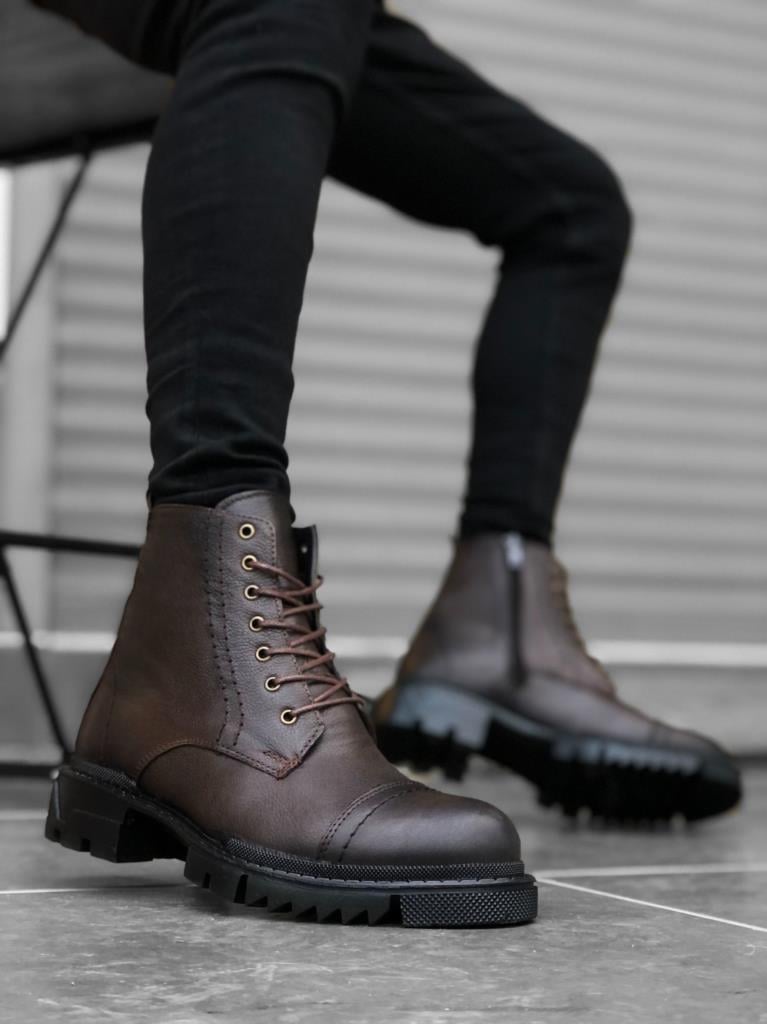 BA0187 Genuine Leather Brown Men's Zippered Half Boot