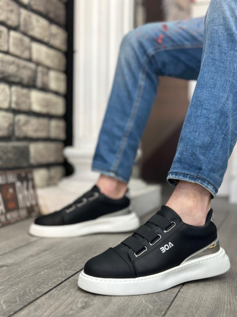 Men's Black Silver 3-Stripe Casual Shoes Thick Sole