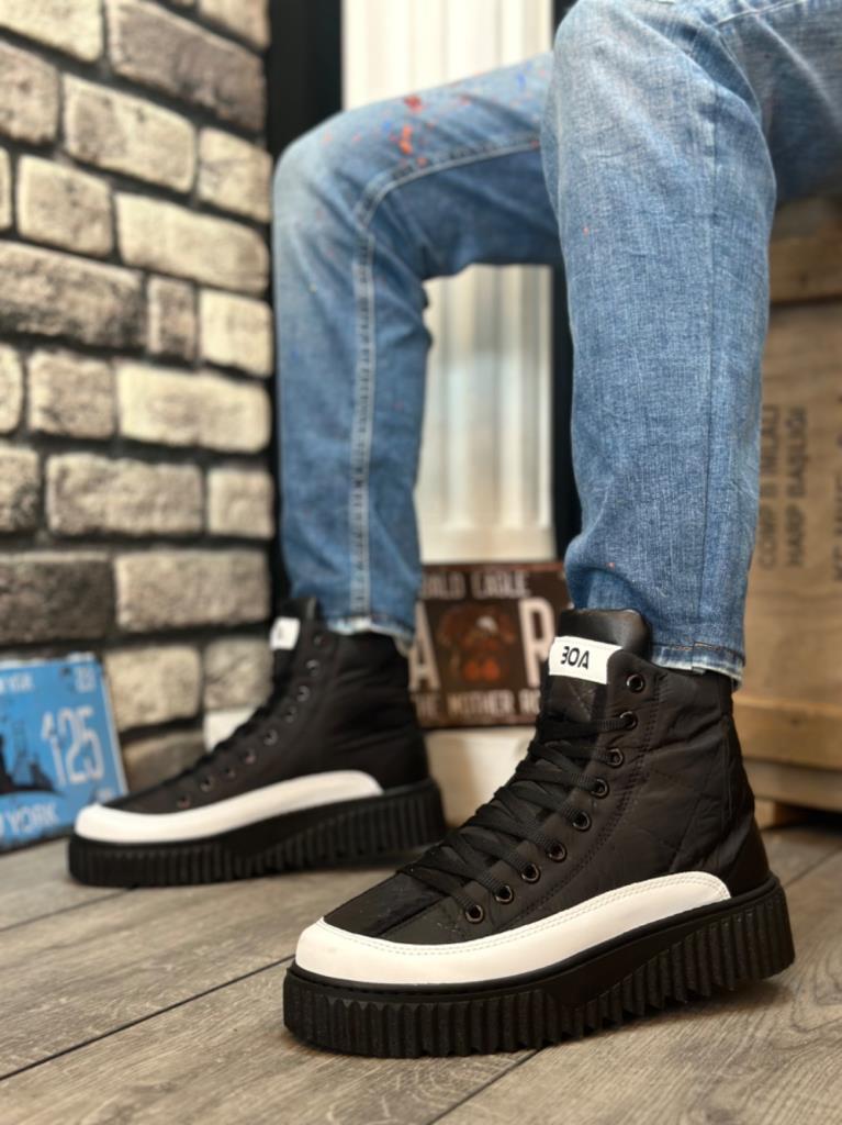 BA0811 BOA High Sole Black Parachute Fabric White Leather Detailed Half Ankle Sports Boot