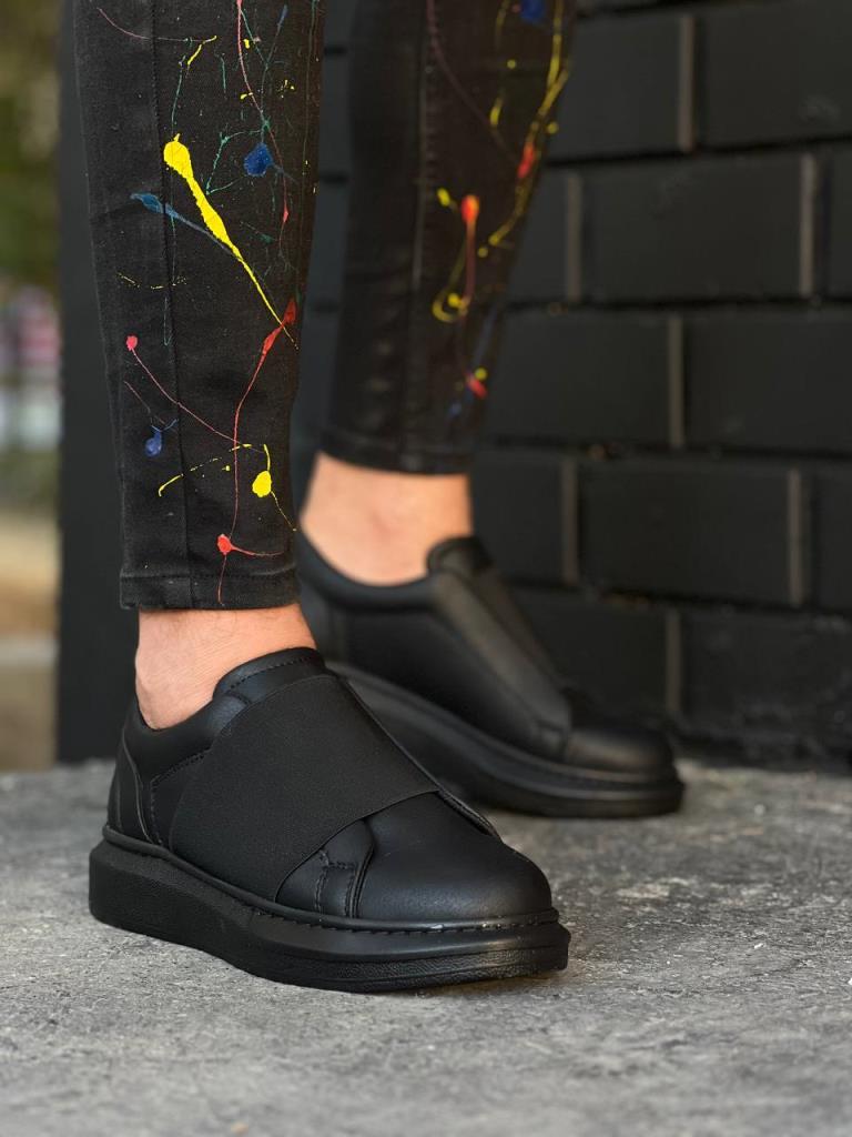 Men's Black Leather High-Sole Lace-Up Casual Shoes