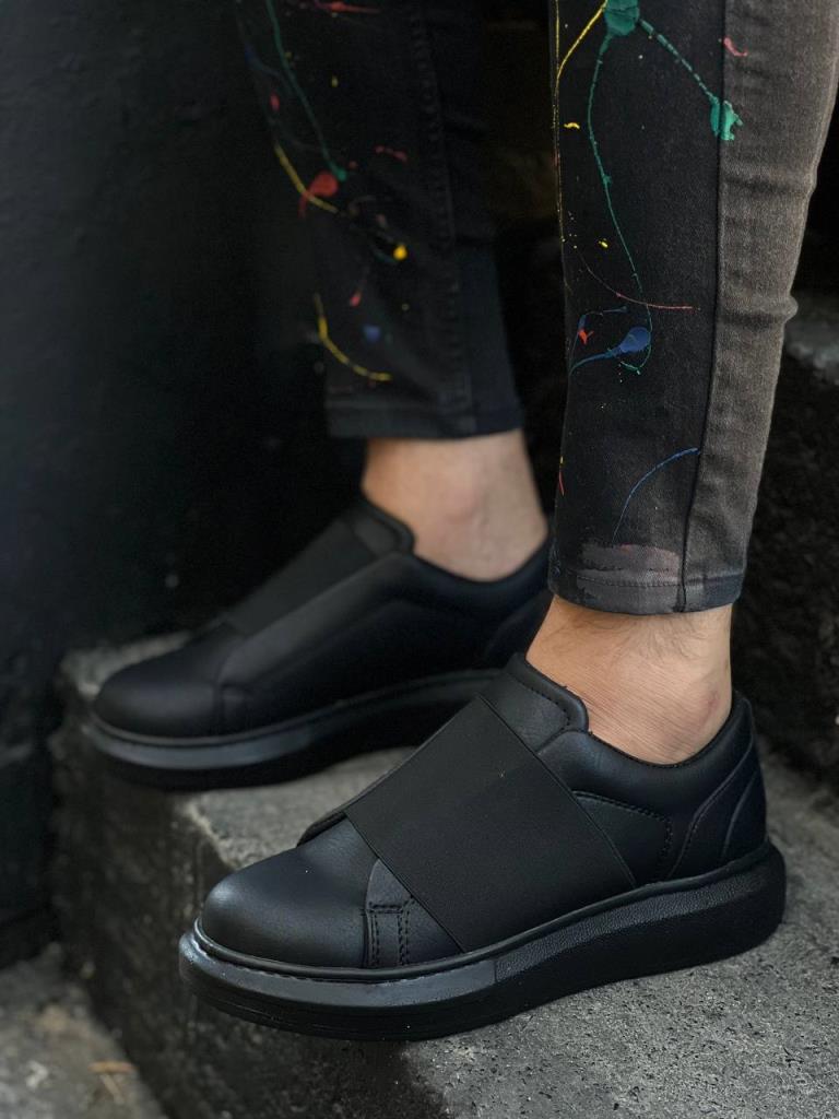 Men's Black Leather High-Sole Lace-Up Casual Shoes