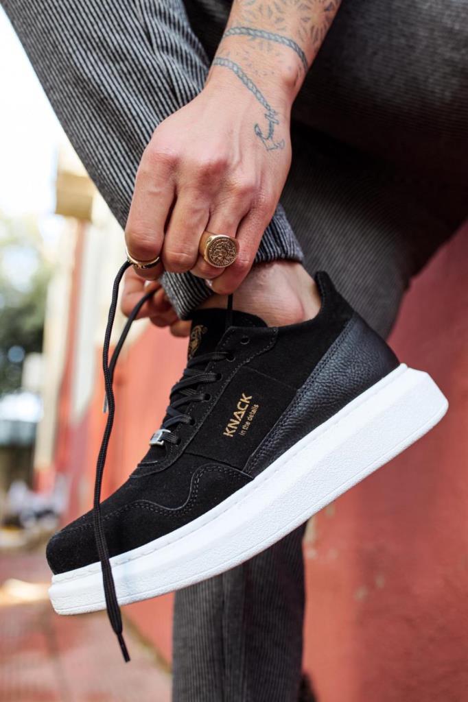 Knack High Sole Casual Suede Shoe 040 Black (White Sole)