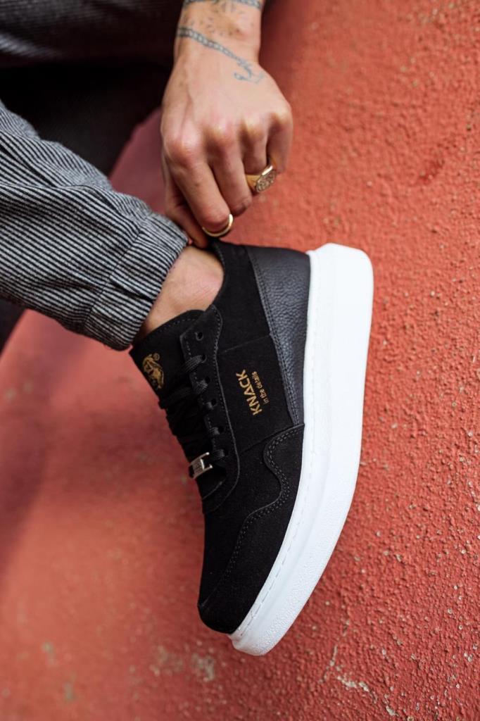 Knack High Sole Casual Suede Shoe 040 Black (White Sole)