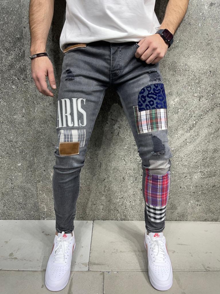 Premium Paris Patched Slim Fit Men's Jeans Acid Wash