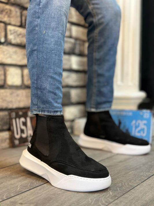 Men's High Platform Suede Boots, Black White Sole