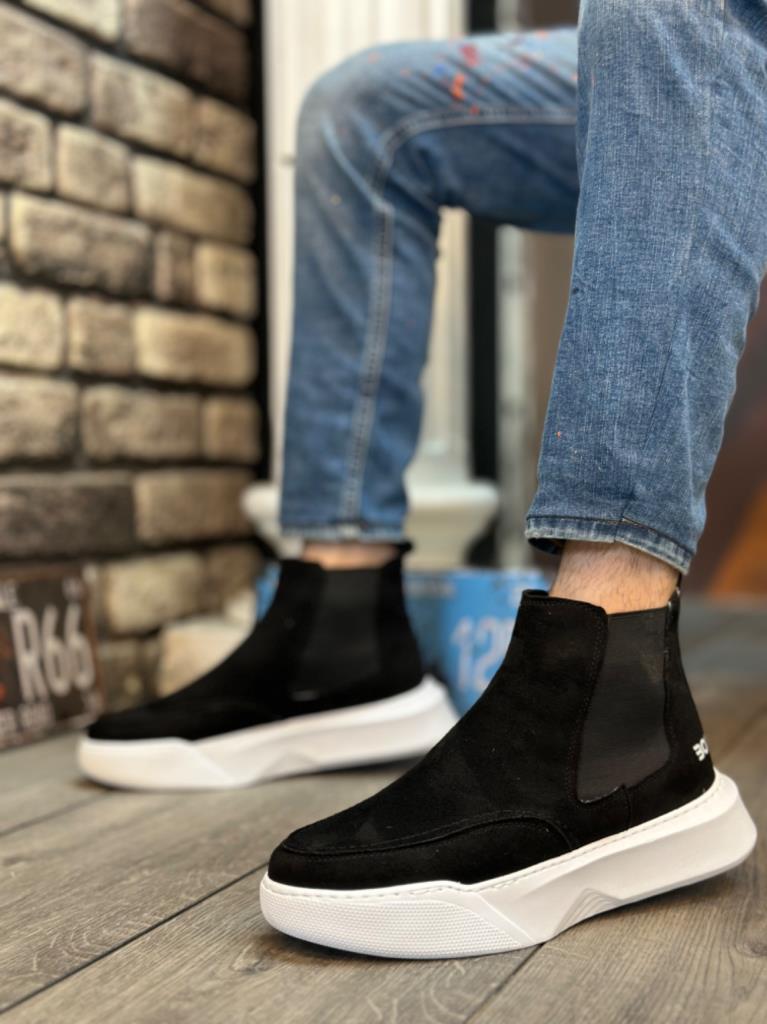 Men's High Platform Suede Boots, Black White Sole