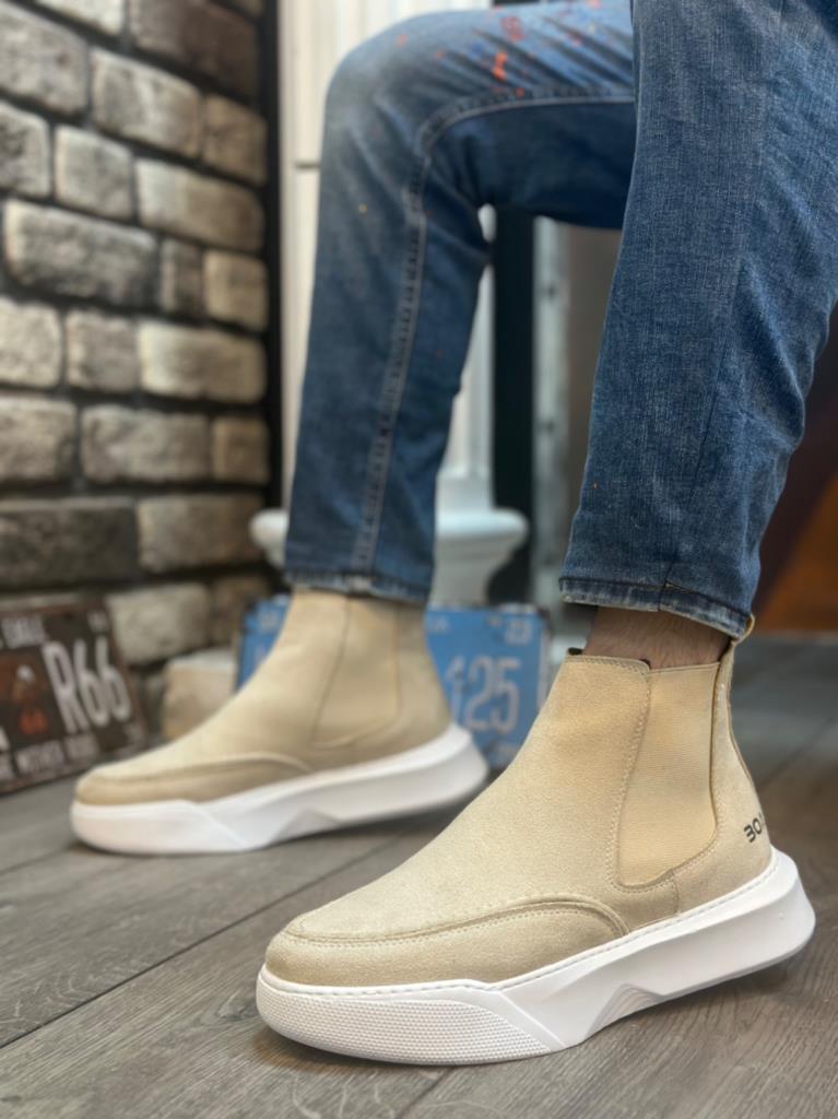Men's Cream Suede High-Sole Lace-Up Boots
