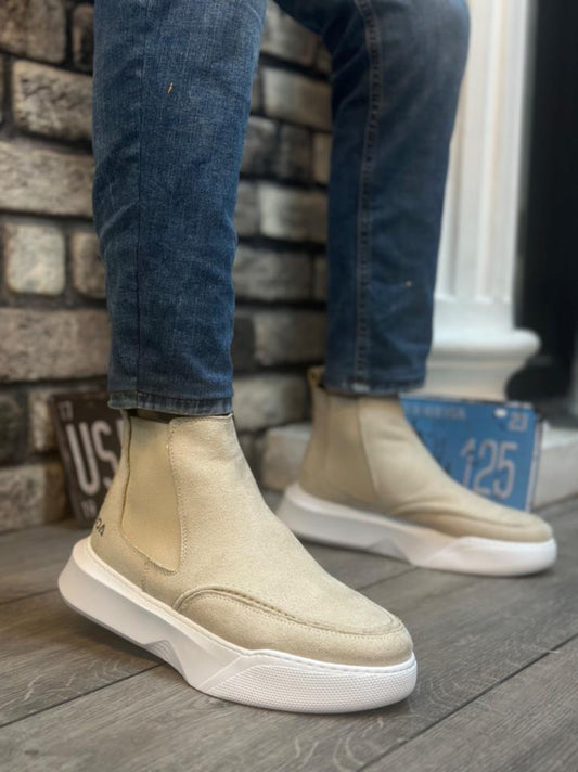Men's Cream Suede High-Sole Lace-Up Boots