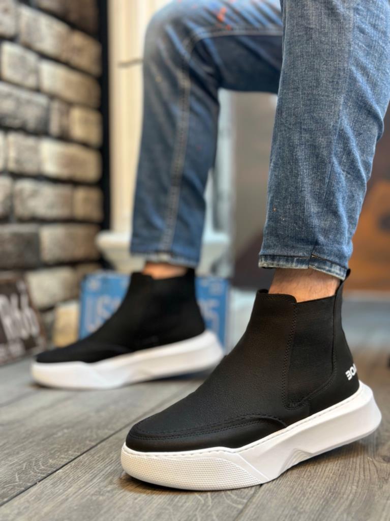 Men's Black White Leather Platform Lace-Up Boots