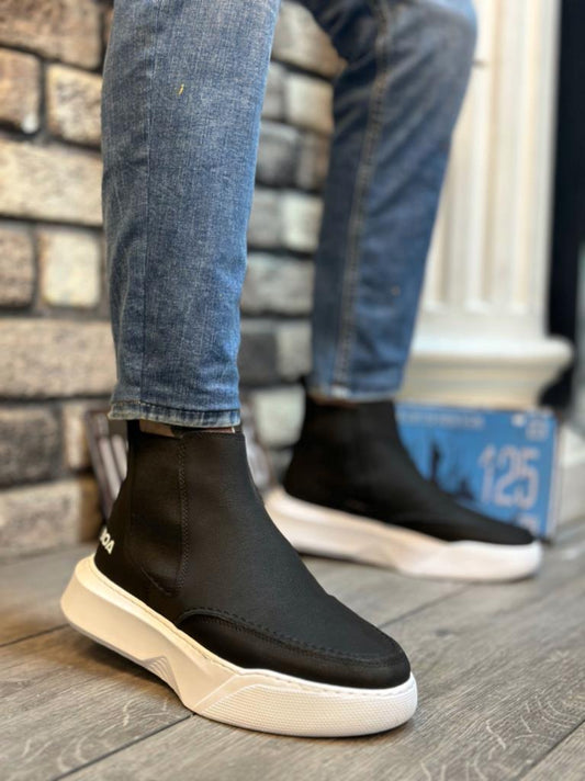 Men's Black White Leather Platform Lace-Up Boots