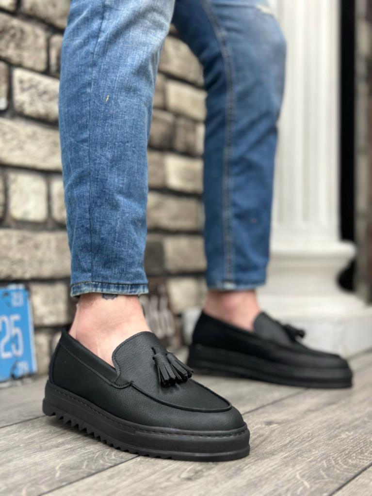 BA0154 Laceless High Sole Leather Black Tassel Men's Shoes