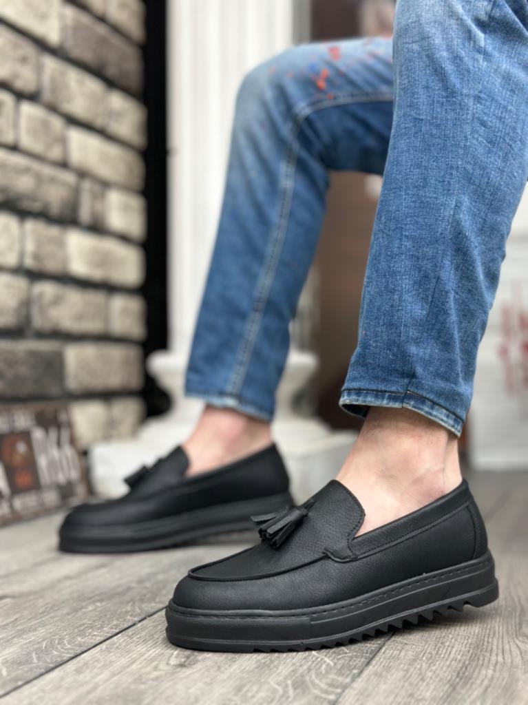 BA0154 Laceless High Sole Leather Black Tassel Men's Shoes