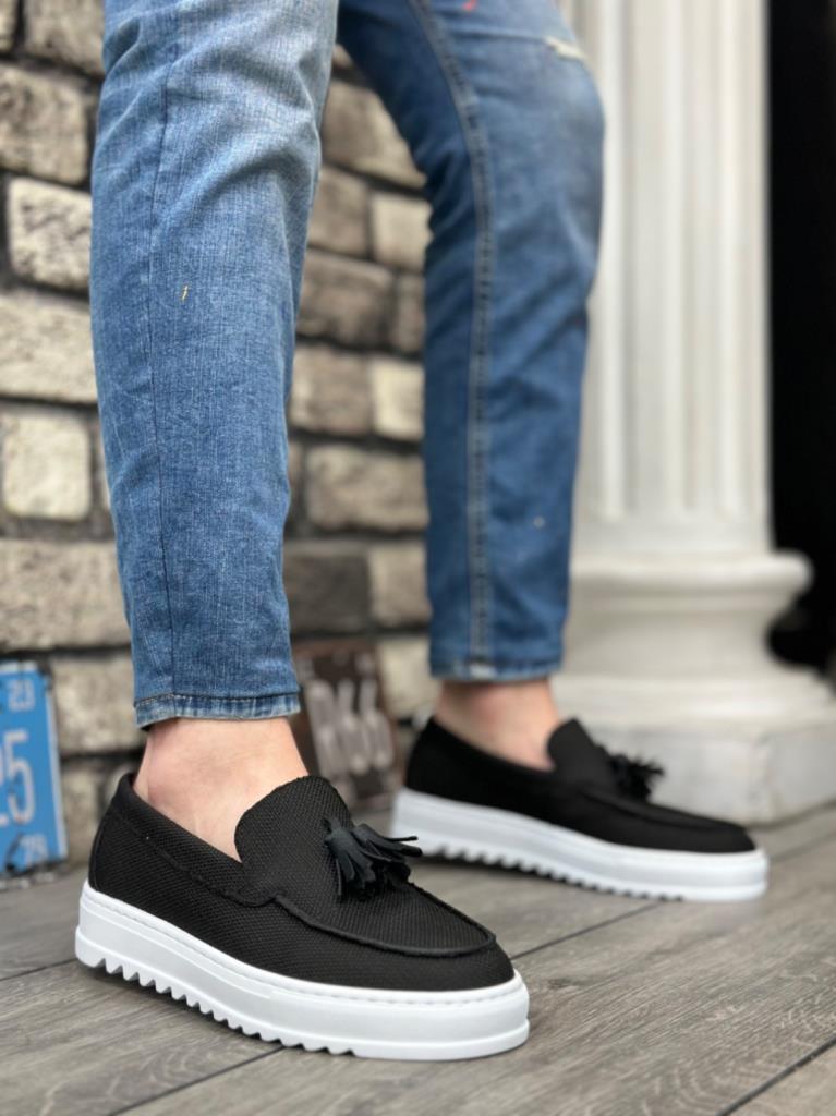 BA0154 Lace-Up High Platform Linen Black Tassel Men's Shoes