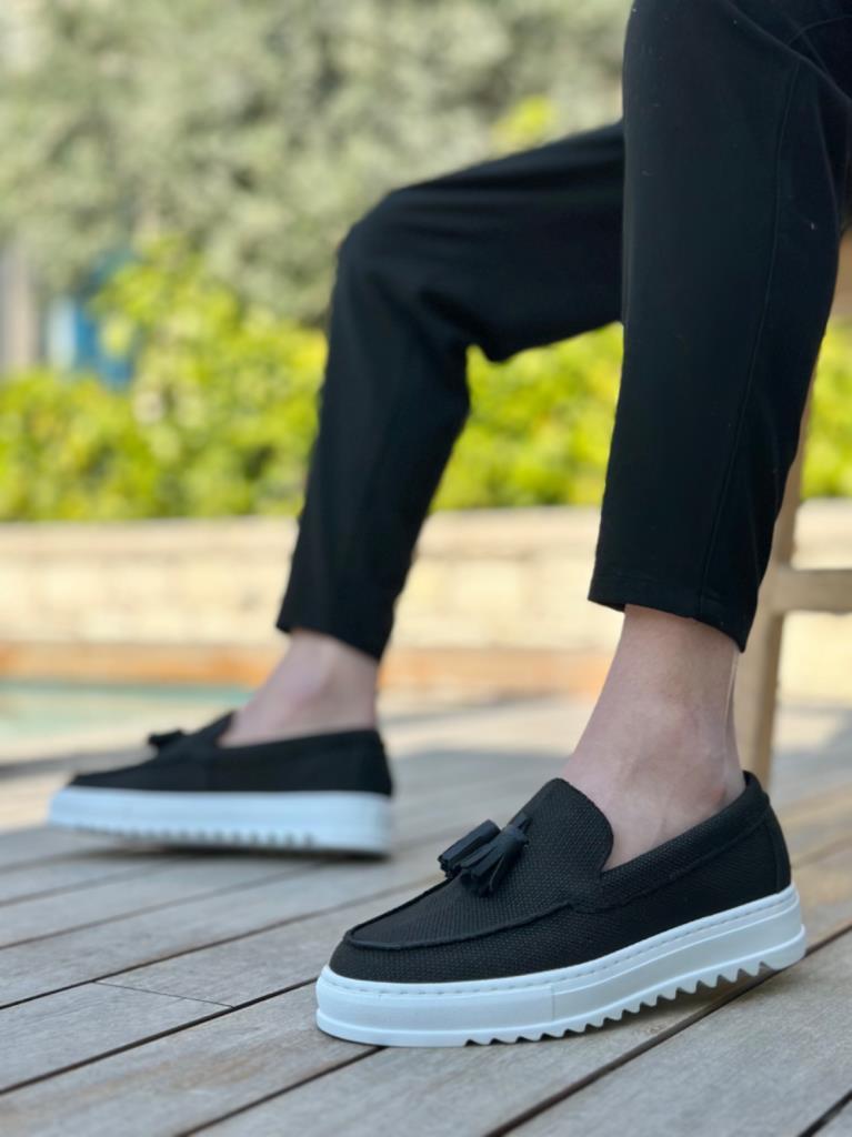 BA0154 Lace-Up High Platform Linen Black Tassel Men's Shoes