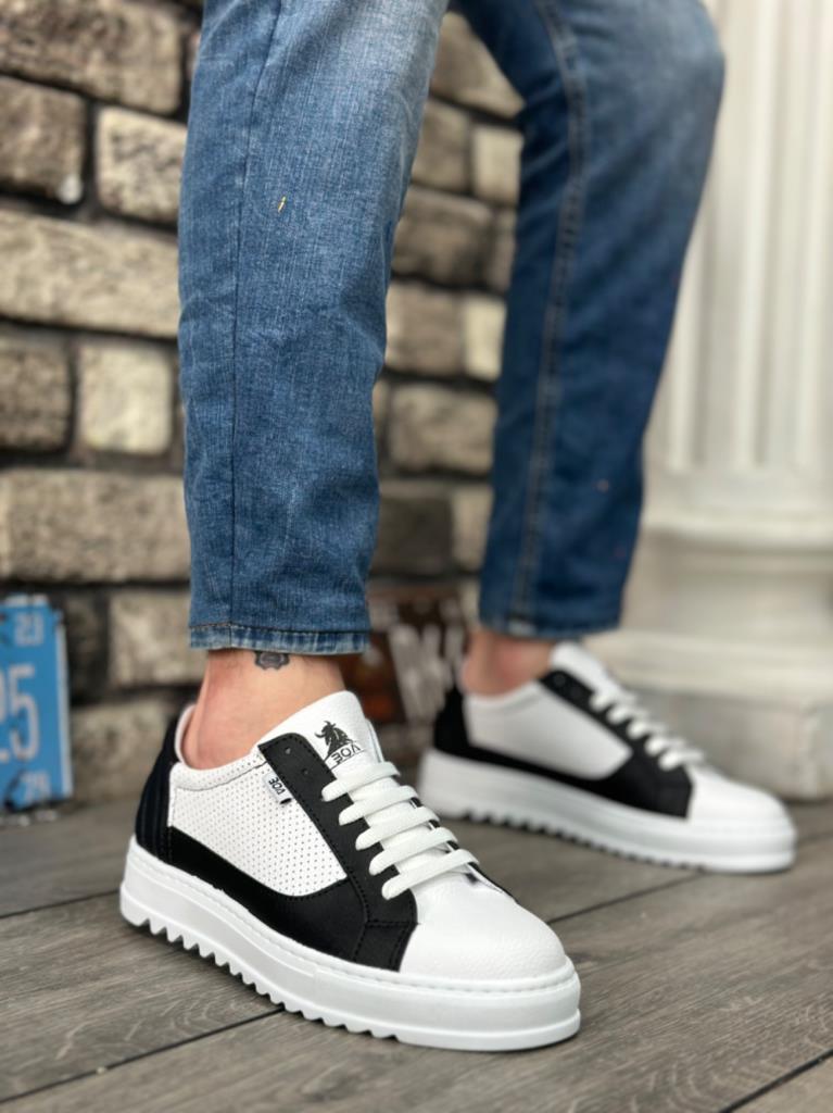 Men's BOA Thick Tread High Sole Lace-Up Sports Shoes, White/Black