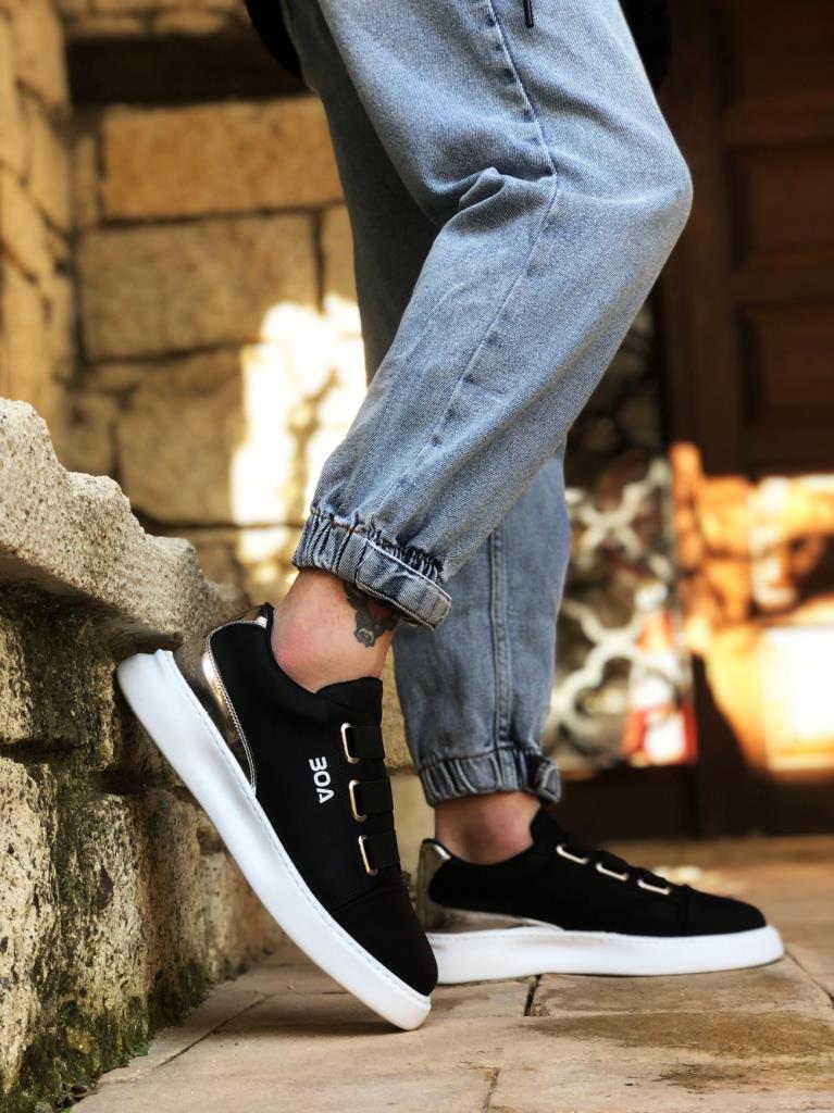 Men's Black Silver 3-Stripe Casual Shoes Thick Sole