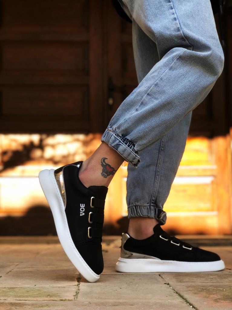 Men's Black Silver 3-Stripe Casual Shoes Thick Sole