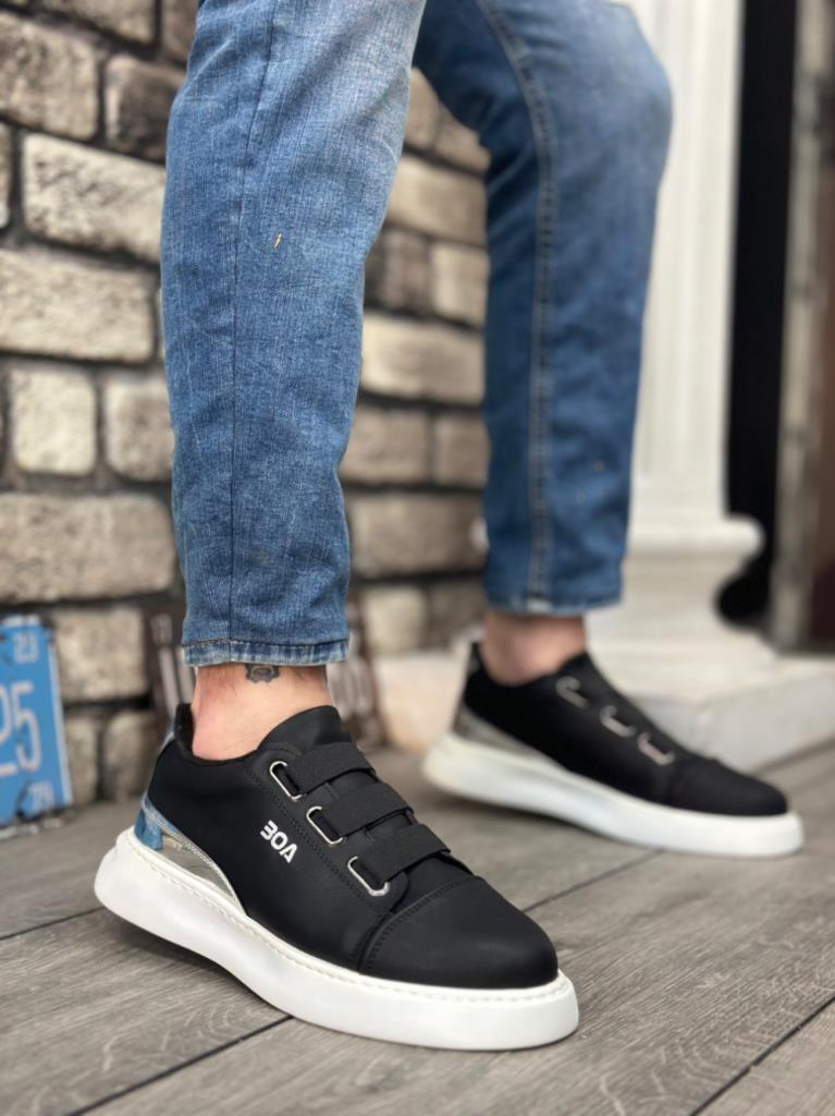 Men's Black Silver 3-Stripe Casual Shoes Thick Sole