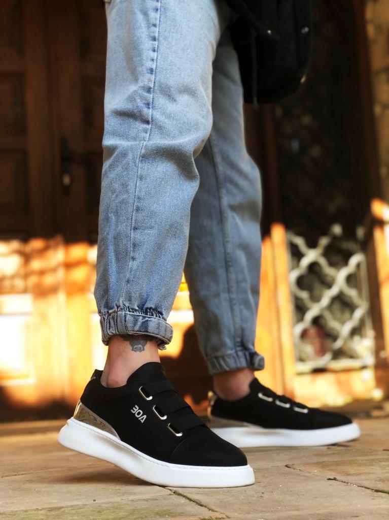 Men's Black Silver 3-Stripe Casual Shoes Thick Sole