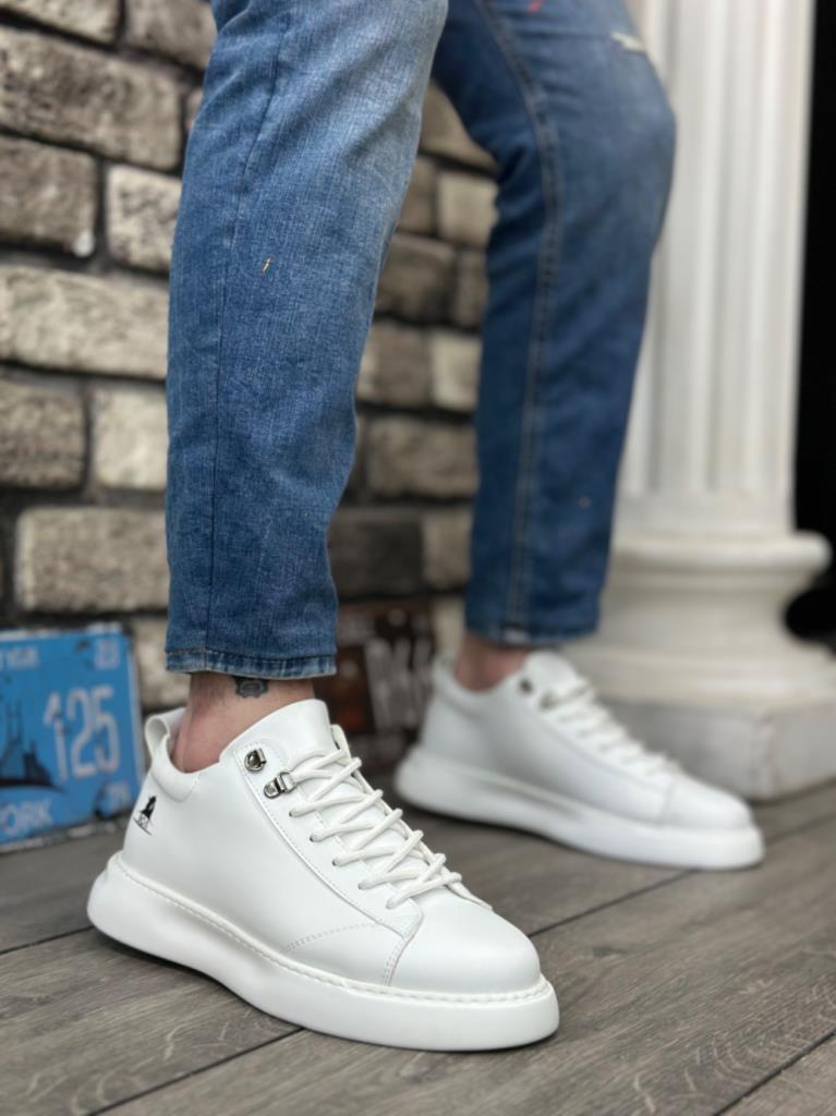 BA0331 Laced Men's High Platform White Leather Sneakers