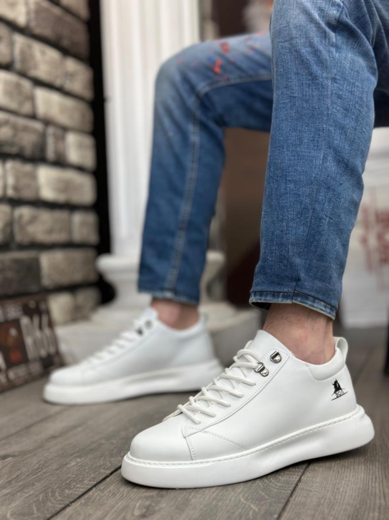 BA0331 Laced Men's High Platform White Leather Sneakers