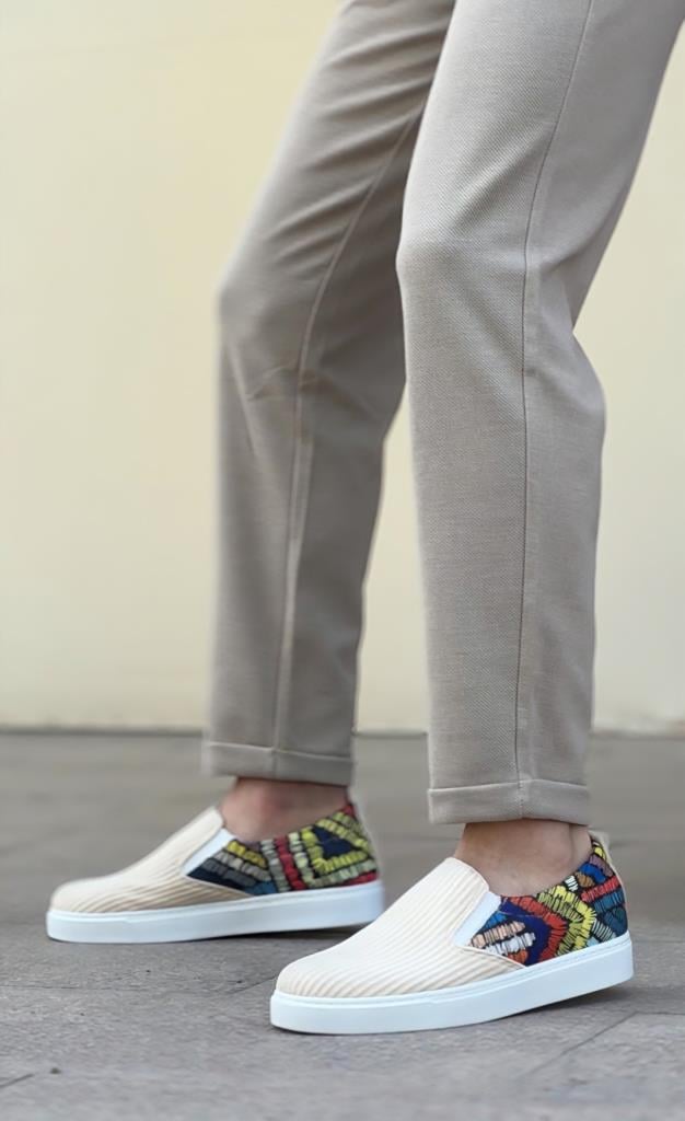 BA0339 Lace-up Linen Cream Colored Patterned White Sole Casual Men's Shoes