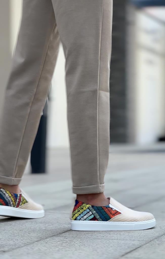 BA0339 Lace-up Linen Cream Colored Patterned White Sole Casual Men's Shoes