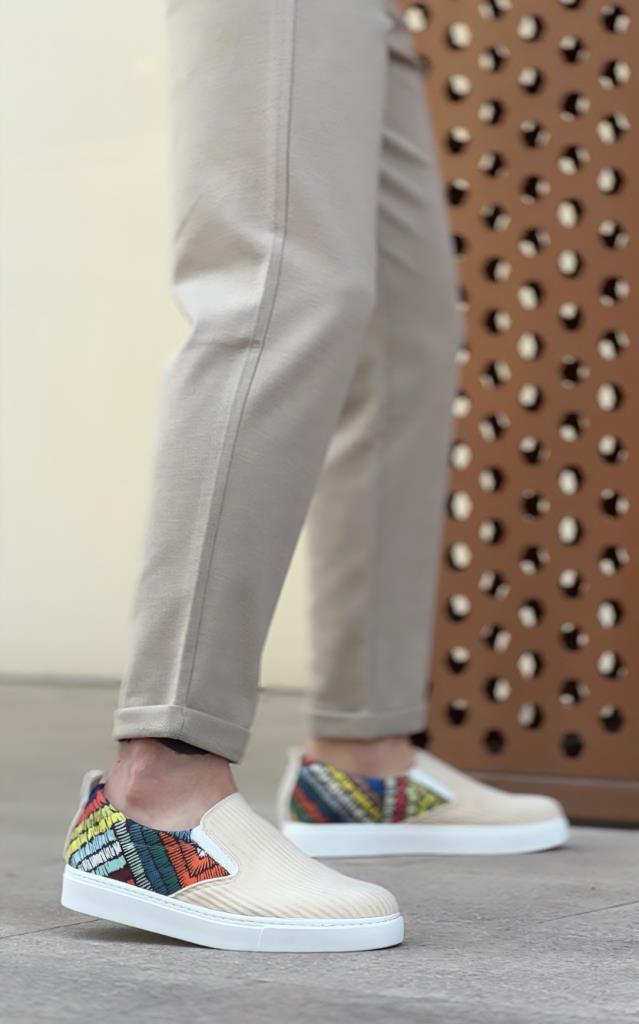 BA0339 Lace-up Linen Cream Colored Patterned White Sole Casual Men's Shoes