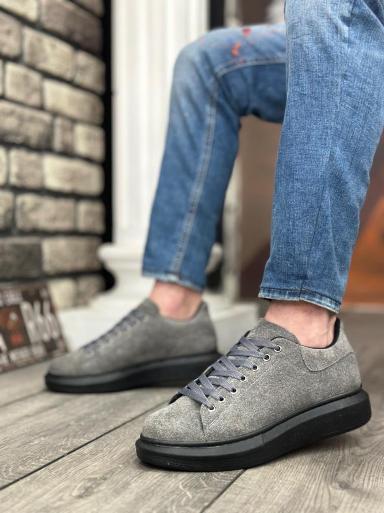 BA0547 BOA Thick High Sole Grey Black Suede Laced Sports Men's Shoes