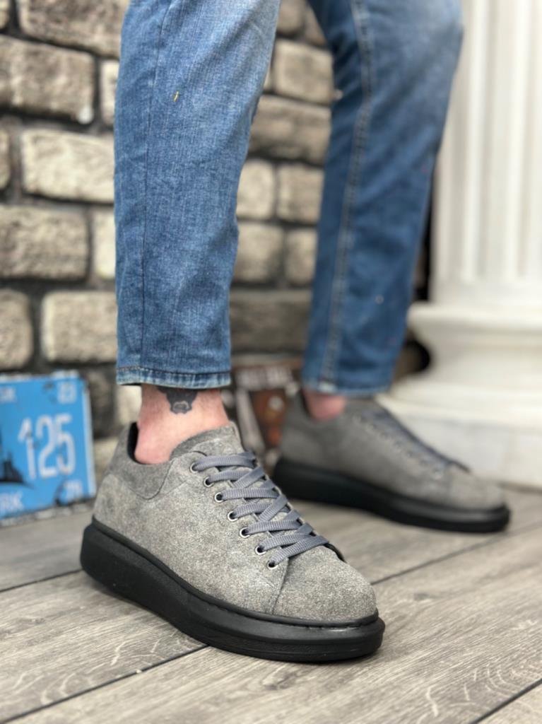 BA0547 BOA Thick High Sole Grey Black Suede Laced Sports Men's Shoes