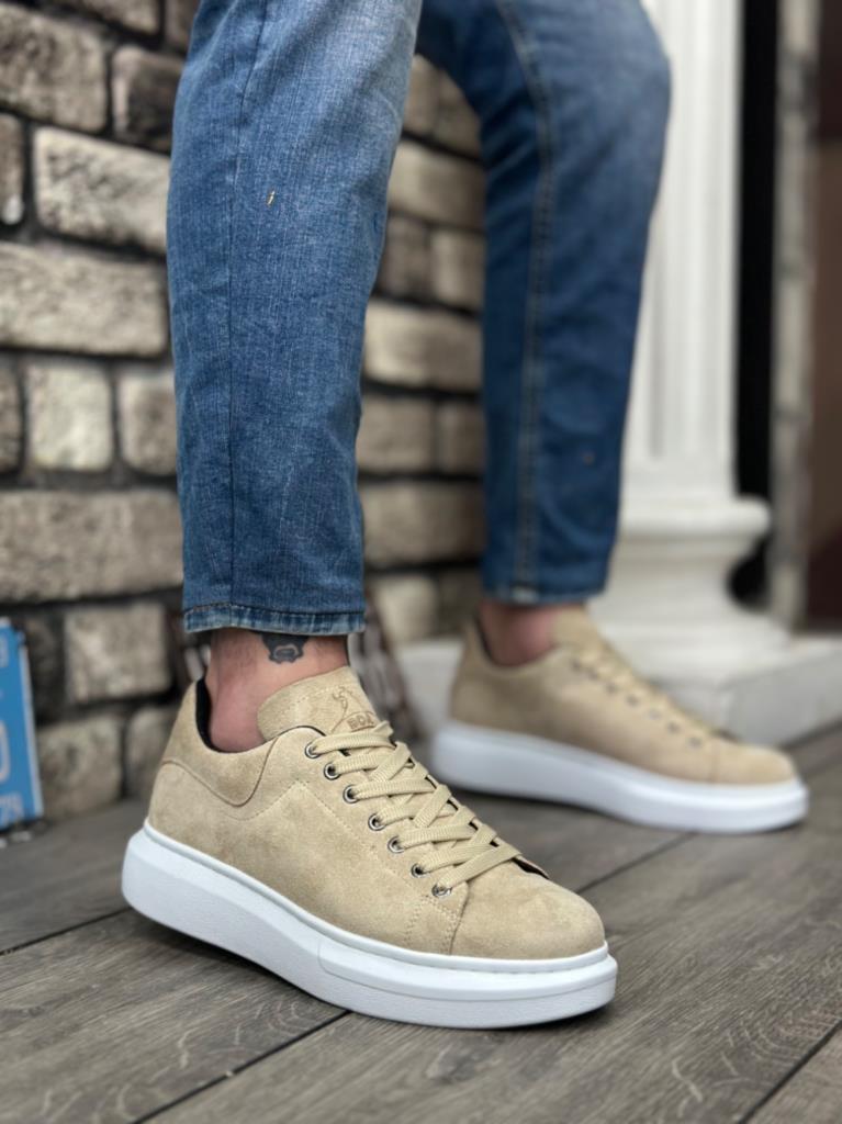 BA0547 BOA Thick High Sole Cream Suede Lace-Up Sports Men's Shoes