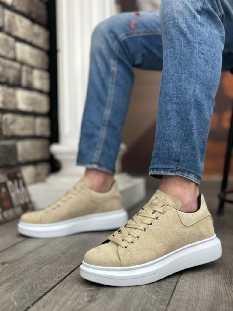 BA0547 BOA Thick High Sole Cream Suede Lace-Up Sports Men's Shoes