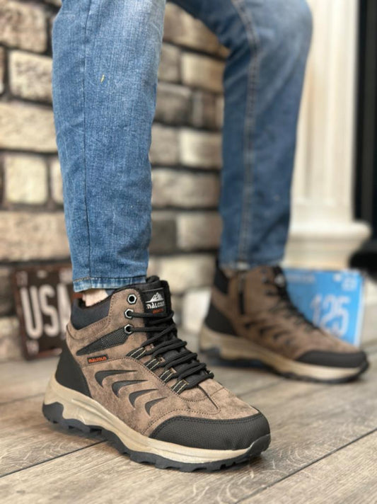 Men's Thermal Trekking Boots, Black Half-Ankle, Thick Sole