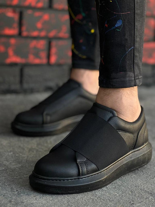 Men's Black Leather High-Sole Lace-Up Casual Shoes