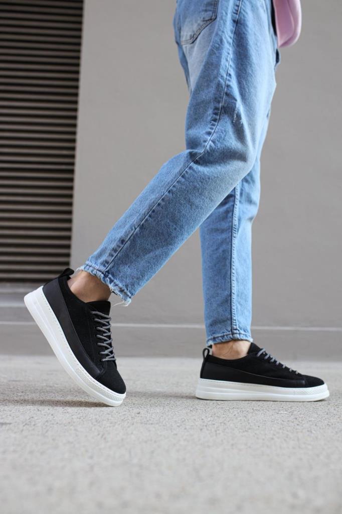 Knack Sneakers Shoes 010 Black Suede (White Sole)