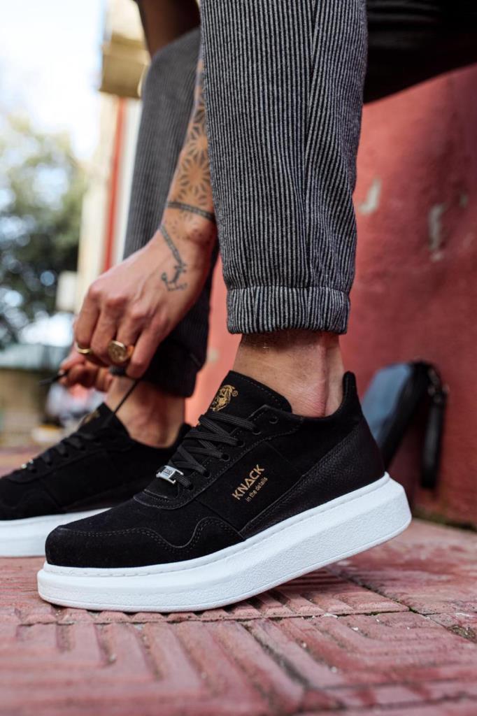 Knack High Sole Casual Suede Shoe 040 Black (White Sole)