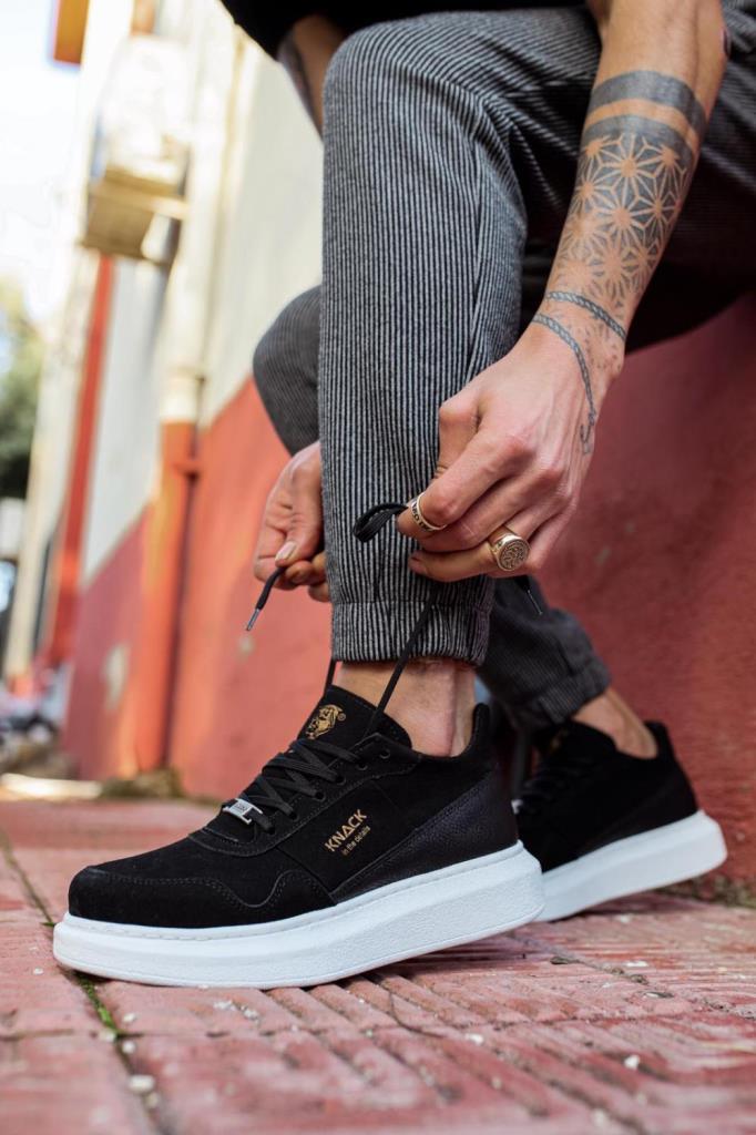 Knack High Sole Casual Suede Shoe 040 Black (White Sole)