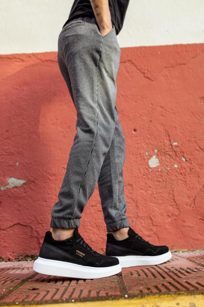 Knack High Sole Casual Suede Shoe 040 Black (White Sole)