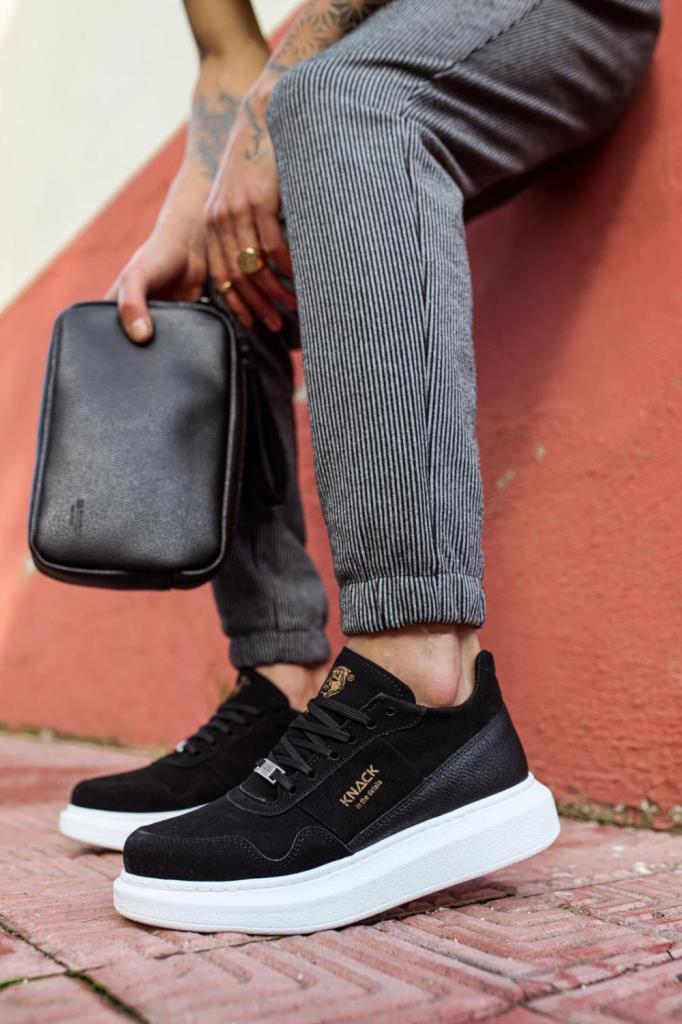 Knack High Sole Casual Suede Shoe 040 Black (White Sole)