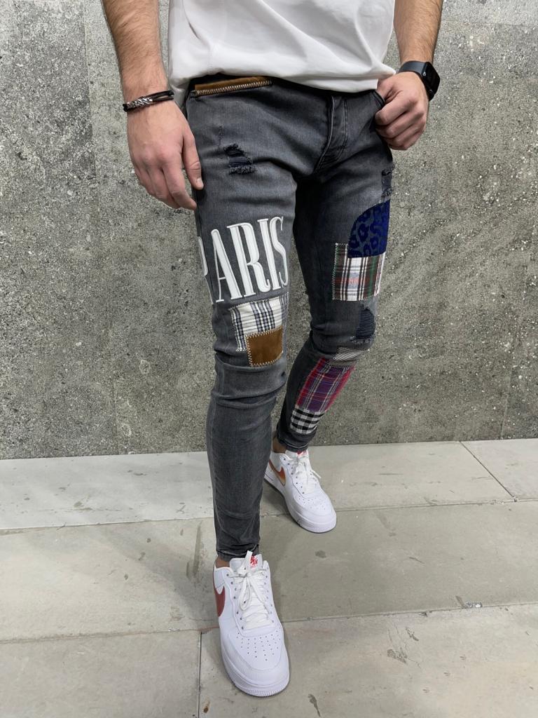 Premium Paris Patched Slim Fit Men's Jeans Acid Wash