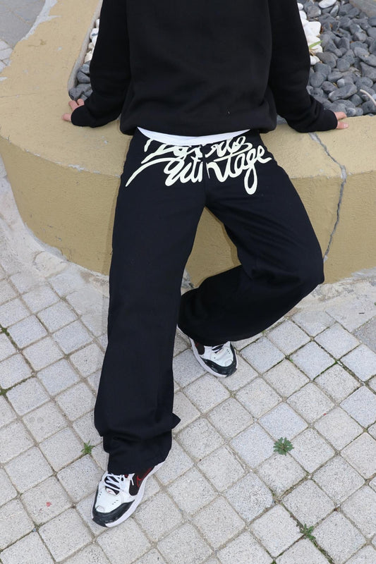 Vintage Words Baggy Pants Black Unisex