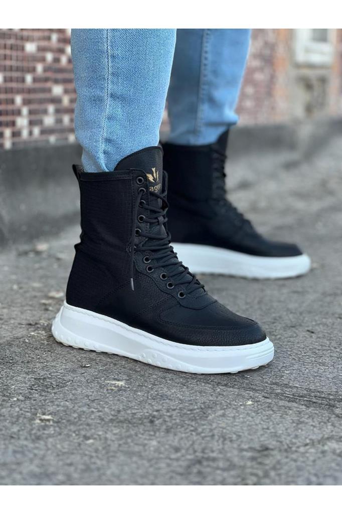 Wagoon WG012 Black Leather Long Lace-Up Boots
